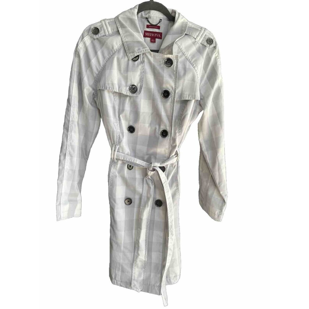 Merona White Gray Double Breasted Trench Coat Belted Lined Water Resistant  Lg